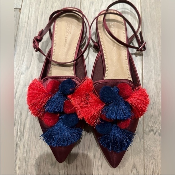 ASOS Shoes - Asos Red and Blue Pom Pom Ballet Strappy Flats/Size 7